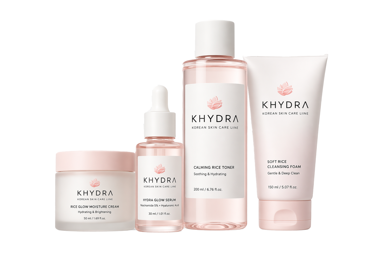 Plusieurs produits skincare de la marque Khydra, tons neutre rose et blancs