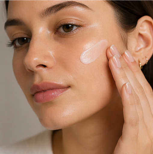 Une de nos cliente est en train d'appliquer sa crème de jour khydra